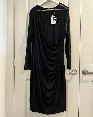 REBEL Black Sheer Mesh Bodycon Dress 1X Scoop Neck Long Sleeve Knee A1